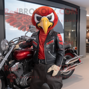 Red Falcon mascot costume character dressed with a Biker Jacket and Bow ties