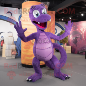 Purple Hydra mascot costume character dressed with a Skinny Jeans and Foot pads