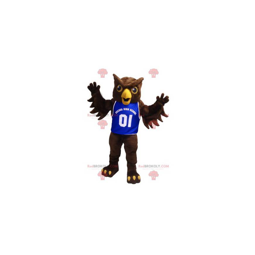 Mascote da coruja marrom com uma camisa azul - Redbrokoly.com