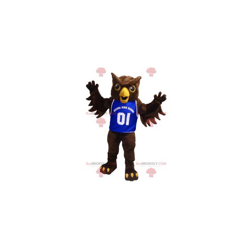 Mascotte de hibou marron avec un maillot bleu - Redbrokoly.com Mascotte de hibou marron avec un maillot bleu - Redbrokoly.com