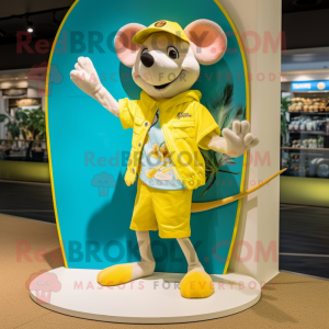 Lemon Yellow Mouse mascot costume character dressed with a Board Shorts and Cufflinks