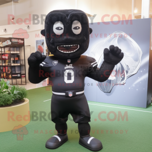 Black American Football Helmet mascot costume character dressed with a Sheath Dress and Bracelets