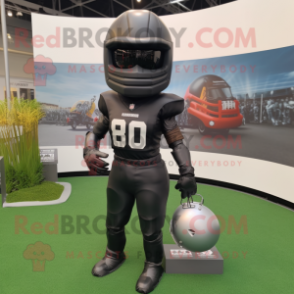 Black American Football Helmet mascot costume character dressed with a Sheath Dress and Bracelets