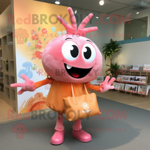 Peach Crab mascot costume character dressed with a A-Line Dress and Tote bags