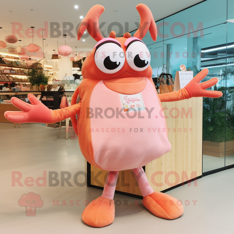 Peach Crab mascot costume character dressed with a A-Line Dress and Tote bags