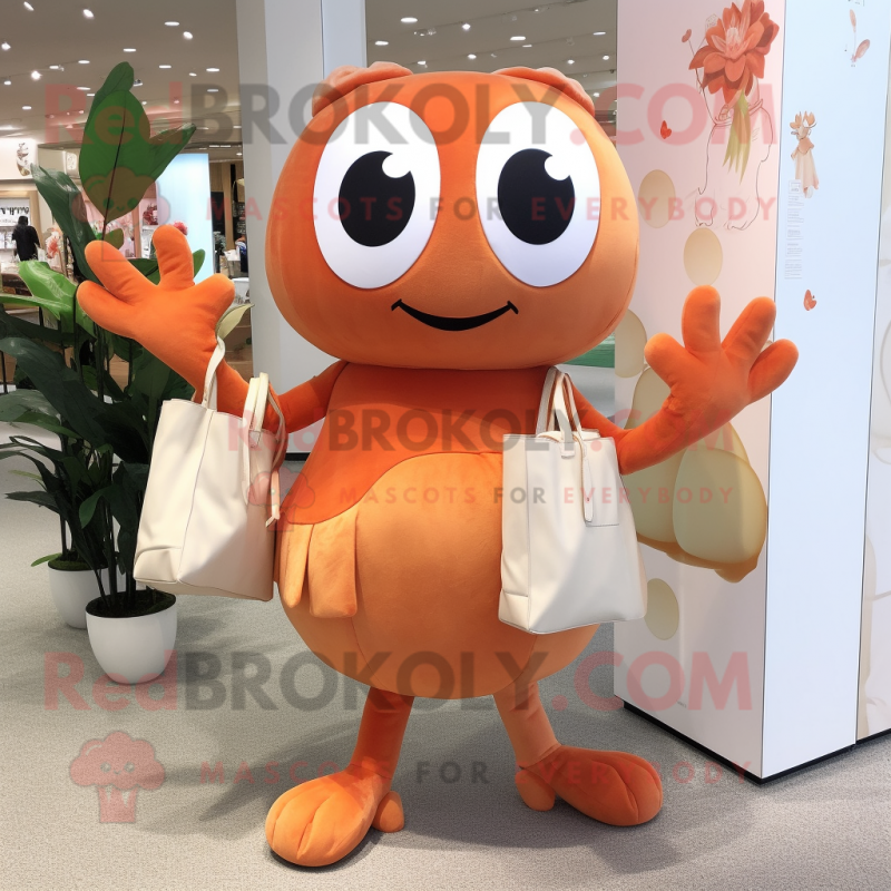 Peach Crab mascot costume character dressed with a A-Line Dress and Tote bags Peach Crab mascot costume character dressed with a A-Line Dress and Tote bags