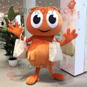 Peach Crab mascot costume character dressed with a A-Line Dress and Tote bags