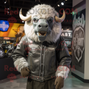 Silver Bison mascot costume character dressed with a Moto Jacket and Headbands