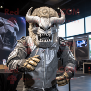 Silver Bison mascot costume character dressed with a Moto Jacket and Headbands