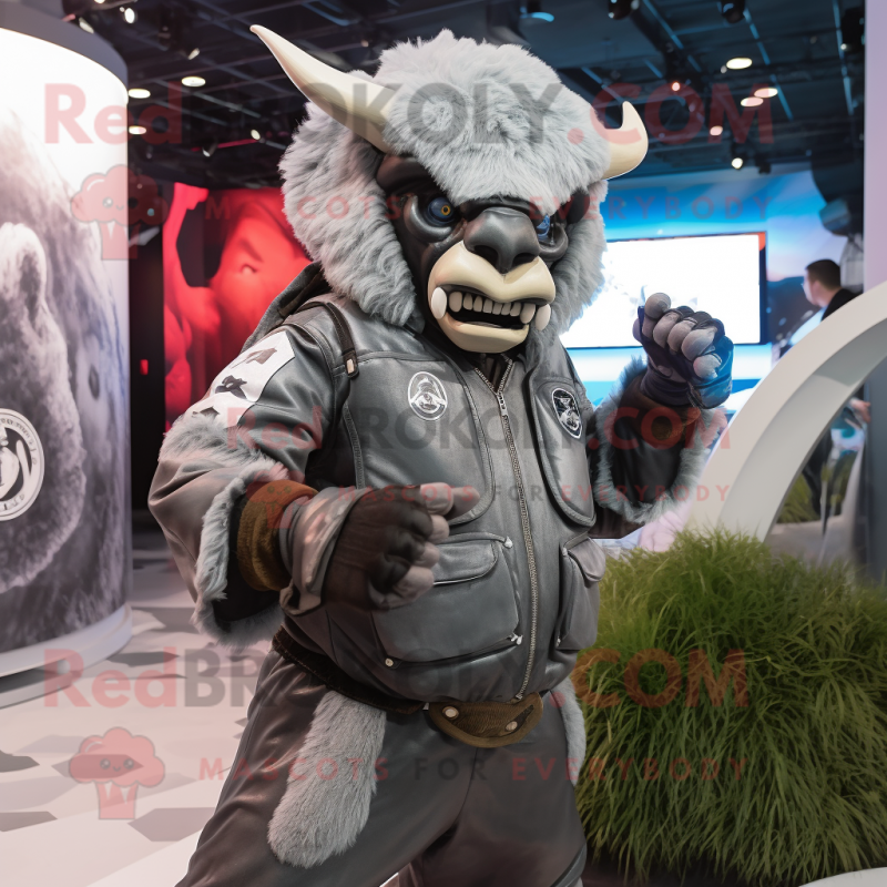 Silver Bison mascot costume character dressed with a Moto Jacket and Headbands Silver Bison mascot costume character dressed with a Moto Jacket and Headbands