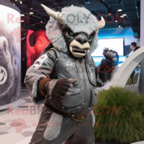 Silver Bison mascot costume character dressed with a Moto Jacket and Headbands