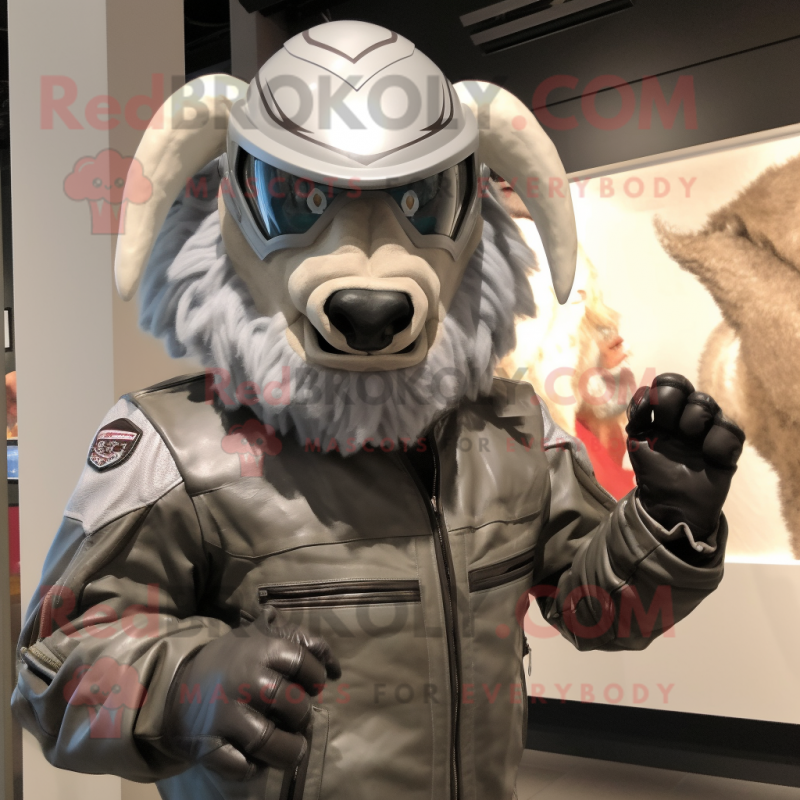 Silver Bison mascot costume character dressed with a Moto Jacket and Headbands Silver Bison mascot costume character dressed with a Moto Jacket and Headbands