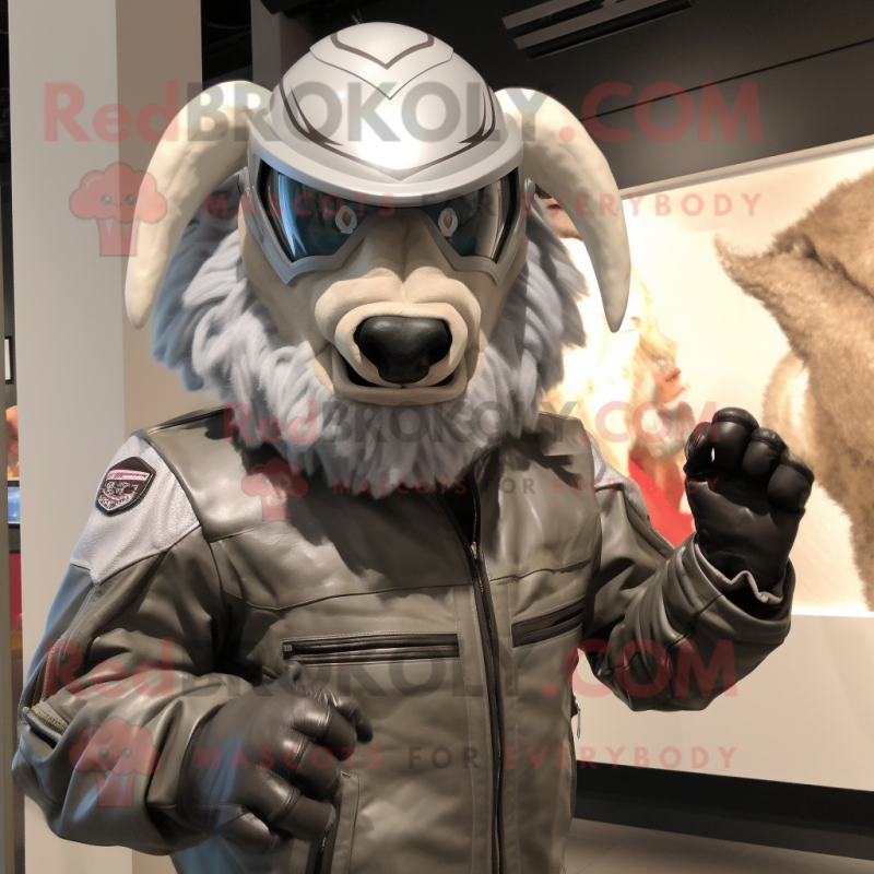 Silver Bison mascot costume character dressed with a Moto Jacket and Headbands