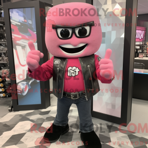 Maskotfigur av en rosa...