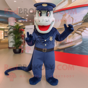 Navy Snake mascot costume character dressed with a Bermuda Shorts and Suspenders