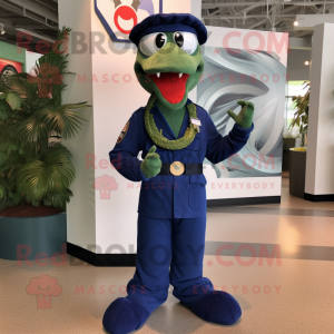 Navy Snake mascot costume character dressed with a Bermuda Shorts and Suspenders
