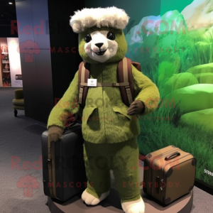 Olive Alpaca mascot costume character dressed with a Windbreaker and Briefcases