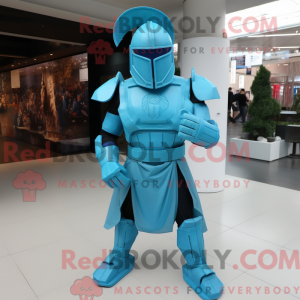 Maskotfigur af en cyan...