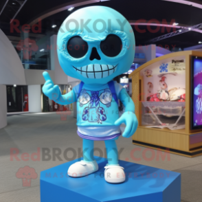 Sky Blue Skull mascot costume character dressed with a Bikini and Keychains