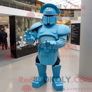 Maskotfigur af en cyan...