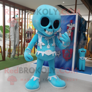 Sky Blue Skull mascot costume character dressed with a Bikini and Keychains