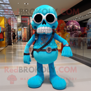 Sky Blue Skull mascot costume character dressed with a Bikini and Keychains