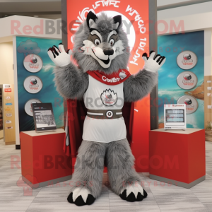 Gray Say Wolf mascot costume character dressed with a Rash Guard and Shawls