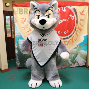 Gray Say Wolf mascot costume character dressed with a Rash Guard and Shawls