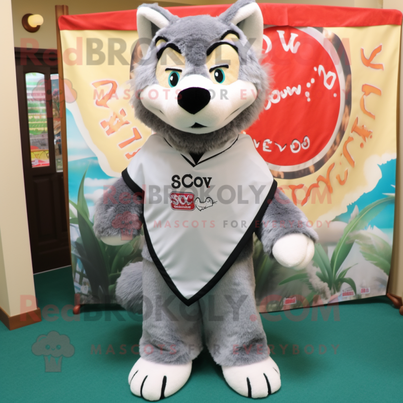 Gray Say Wolf mascot costume character dressed with a Rash Guard and Shawls Gray Say Wolf mascot costume character dressed with a Rash Guard and Shawls