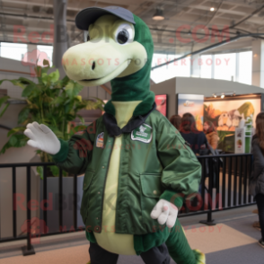 Forest Green Brachiosaurus mascot costume character dressed with a Bomber Jacket and Scarf clips