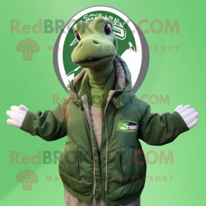Forest Green Brachiosaurus mascot costume character dressed with a Bomber Jacket and Scarf clips