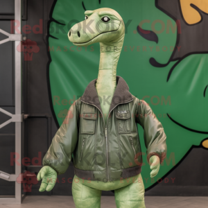 Forest Green Brachiosaurus mascot costume character dressed with a Bomber Jacket and Scarf clips