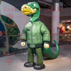 Forest Green Brachiosaurus mascot costume character dressed with a Bomber Jacket and Scarf clips