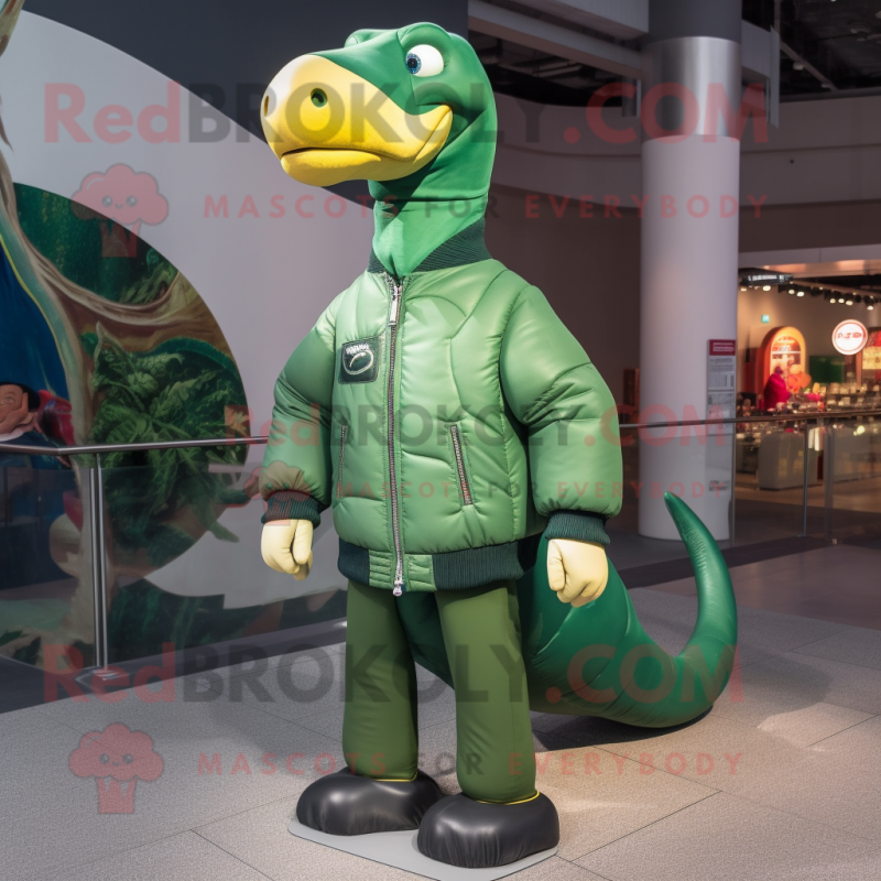 Forest Green Brachiosaurus mascot costume character dressed with a Bomber Jacket and Scarf clips Forest Green Brachiosaurus mascot costume character dressed with a Bomber Jacket and Scarf clips