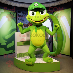 Lime Green Snake mascot costume character dressed with a Henley Shirt and Beanies