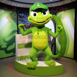 Lime Green Snake mascot costume character dressed with a Henley Shirt and Beanies