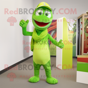 Lime Green Snake mascot costume character dressed with a Henley Shirt and Beanies