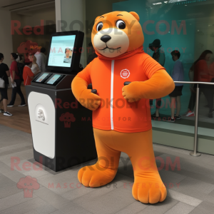 Orange Sea Lion mascot costume character dressed with a Joggers and Smartwatches