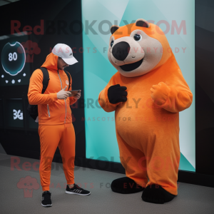 Orange Sea Lion mascot costume character dressed with a Joggers and Smartwatches