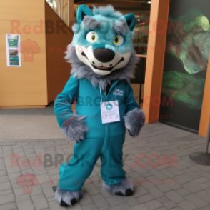 Teal Wolf mascot costume character dressed with a Trousers and Scarves