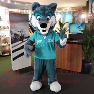 Teal Wolf mascot costume character dressed with a Trousers and Scarves
