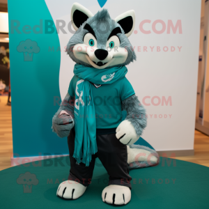 Teal Wolf mascot costume character dressed with a Trousers and Scarves