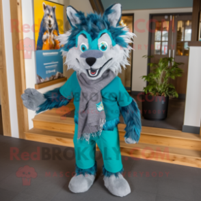 Teal Wolf mascot costume character dressed with a Trousers and Scarves