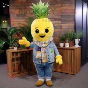 Lemon Yellow Pineapple mascot costume character dressed with a Denim Shirt and Shawls