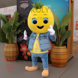 Lemon Yellow Pineapple mascot costume character dressed with a Denim Shirt and Shawls