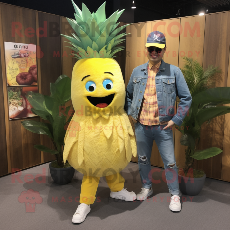 Lemon Yellow Pineapple mascot costume character dressed with a Denim Shirt and Shawls Lemon Yellow Pineapple mascot costume character dressed with a Denim Shirt and Shawls