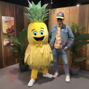 Lemon Yellow Pineapple mascot costume character dressed with a Denim Shirt and Shawls