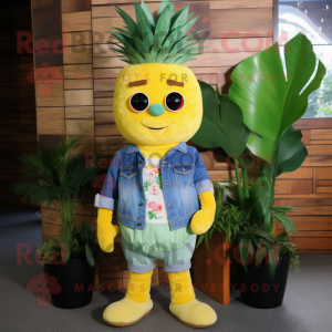 Lemon Yellow Pineapple mascot costume character dressed with a Denim Shirt and Shawls