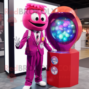 Magenta Gumball Machine mascot costume character dressed with a Suit Pants and Hairpins