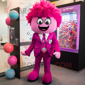 Magenta Gumball Machine mascot costume character dressed with a Suit Pants and Hairpins